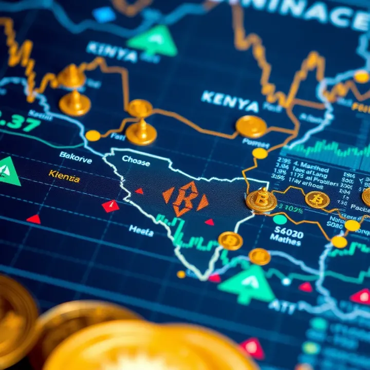 Illustration showing a digital map highlighting Kenya with cryptocurrency symbols around it