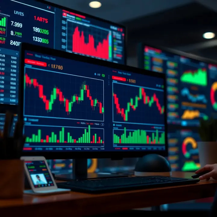 Digital representation of binary trading concepts with charts and data analytics