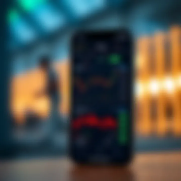 User interface of a mobile trading application showing stock market charts and trading options