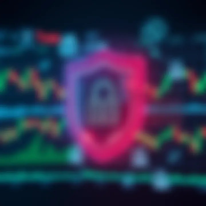Secure Trading Environment Illustrated with Digital Protection Elements Visual representation of secure trading with shield and digital locks overlayed on financial graphs