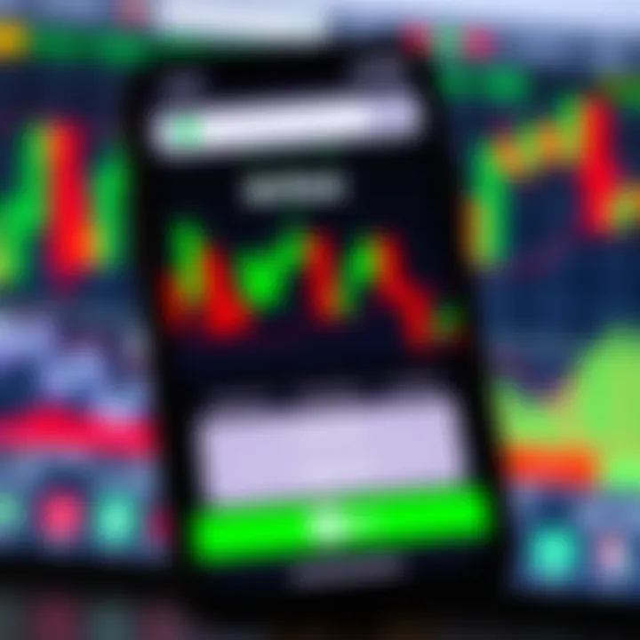 Mobile phone displaying M-Pesa app with forex trading charts in the background