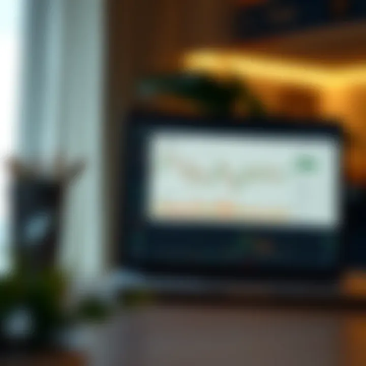 Illustration of a laptop screen showing the IQ Option account dashboard with trading chart and user interface elements