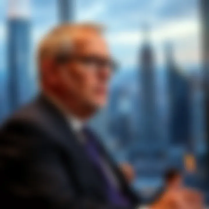 Mark Mateschitz speaking at a global business conference with a city skyline in the background