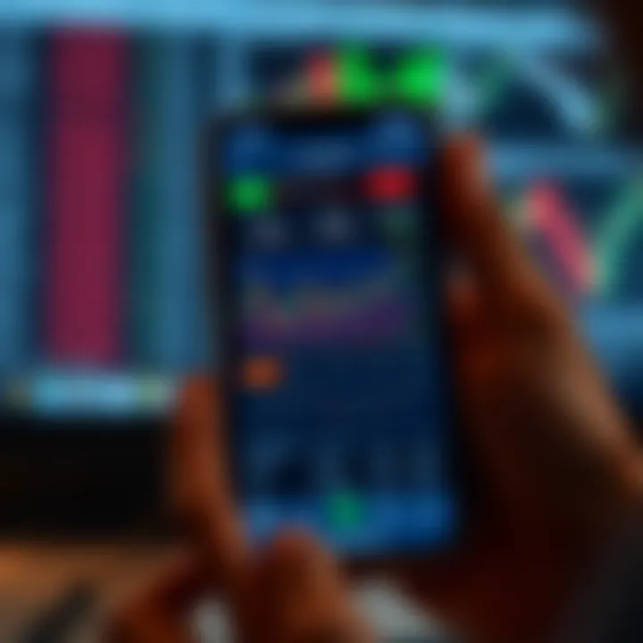 Mobile phone screen displaying IQ Option app interface with trading charts and financial data