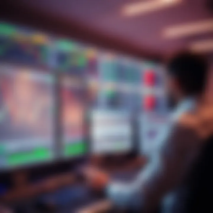 Modern forex trading setup with multiple computer screens displaying currency charts and market data