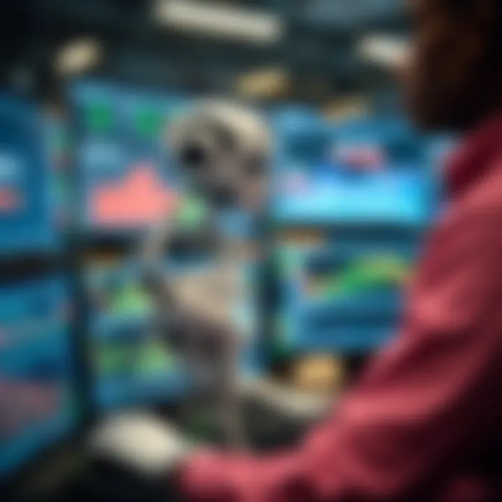 Illustration of an AI trading bot analyzing financial charts and market data on multiple screens