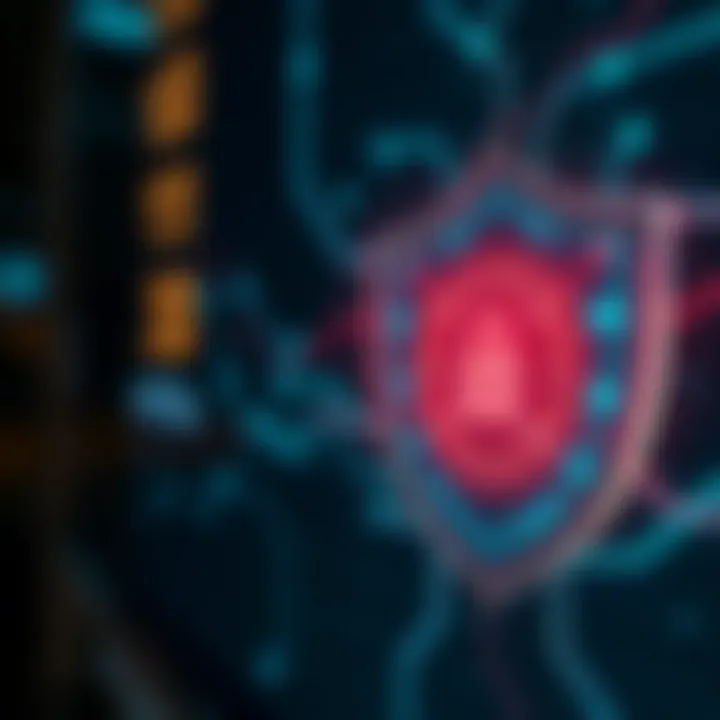 Cybersecurity Shield Highlighting Binary Data Protection Illustration of cybersecurity shield with binary digits and network connections symbolizing data protection