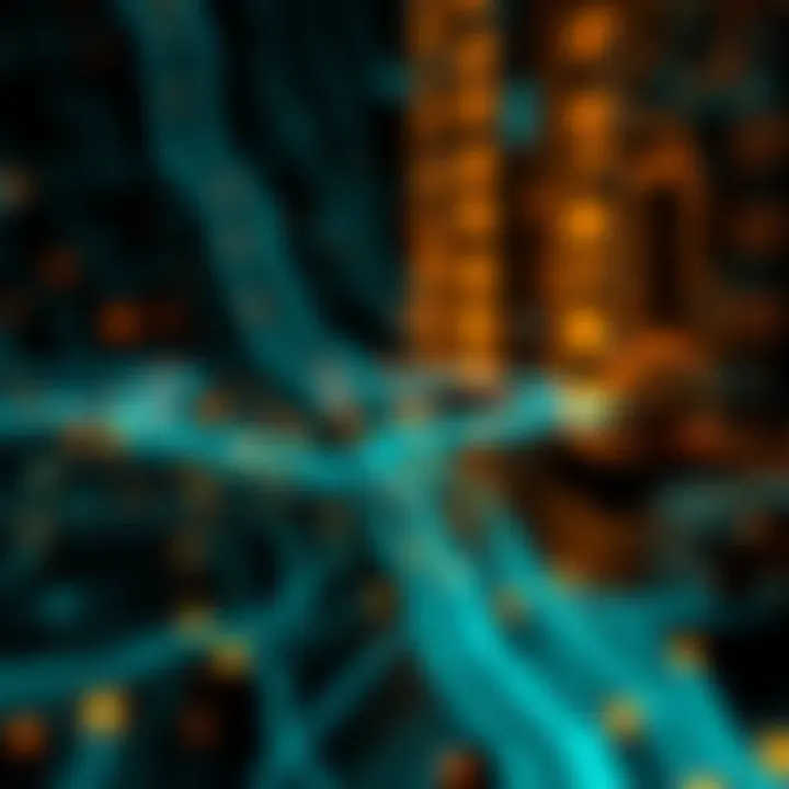 Graphical depiction of binary code flowing through digital circuits representing software development