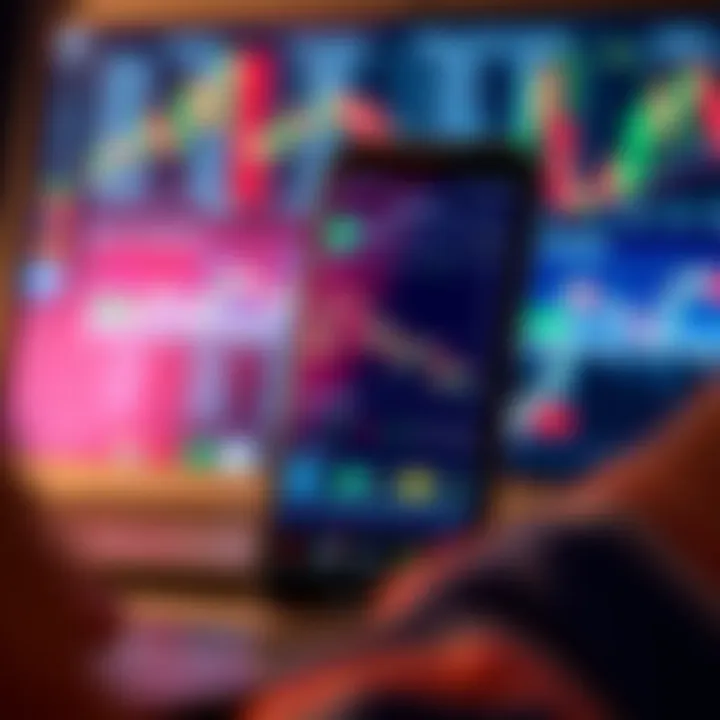 Illustration showing a mobile device screen with binary trading app interface displaying charts and trading options