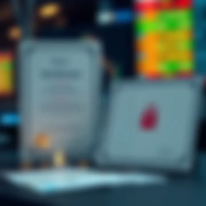 Regulatory compliance certificates and financial license symbols representing trust and security