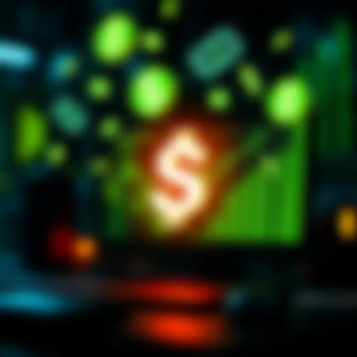 Conceptual illustration showing digital currency symbols floating around a glowing computer screen symbolizing automated money-making software