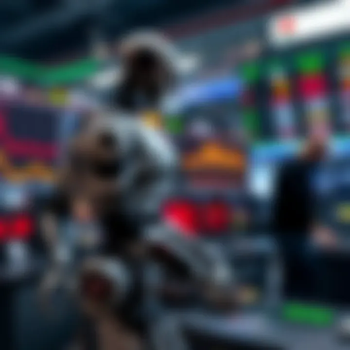 Automated Trading Systems in Modern Markets Conceptual visualization of robotic trading systems interacting with stock and cryptocurrency markets