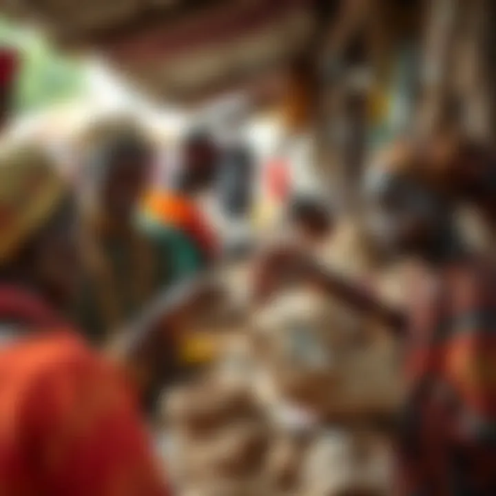 Community members exchanging sarafu currency in a vibrant market setting