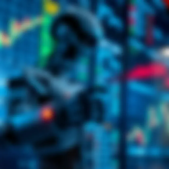 Robotic Trading System Engaging with Financial Market Data Digital representation of a robotic system interacting with financial market data in a virtual environment