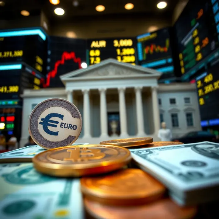 Visual depiction of central bank policies impacting currency market with focus on Euro and US Dollar