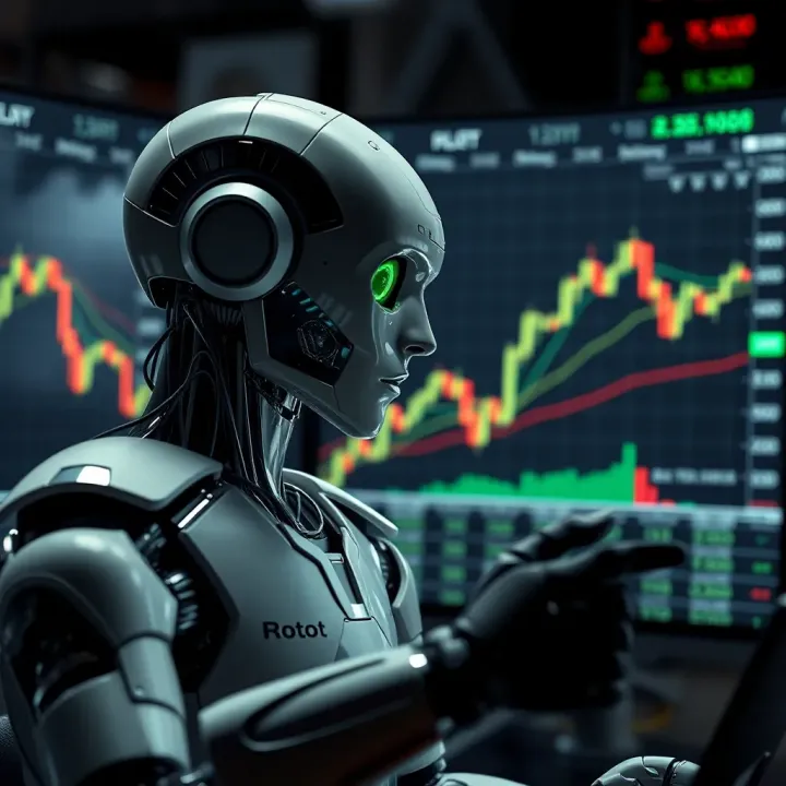 Digital Robot Analyzing Binary Options Market Data Conceptual illustration of a digital robot analyzing market data with binary options charts