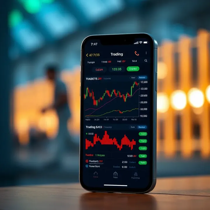 User interface of a mobile trading application showing stock market charts and trading options