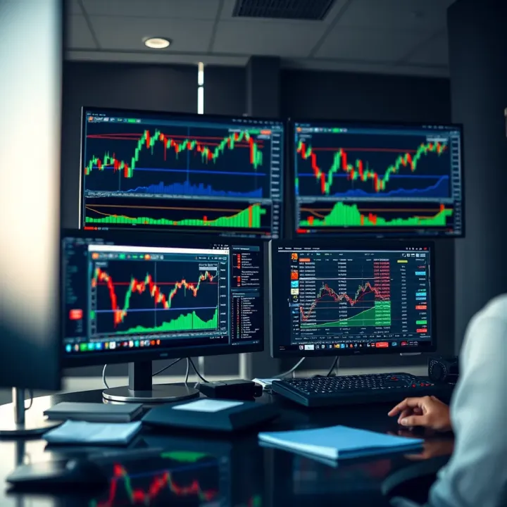 Modern trading workstation with multiple monitors displaying trading charts and analytics