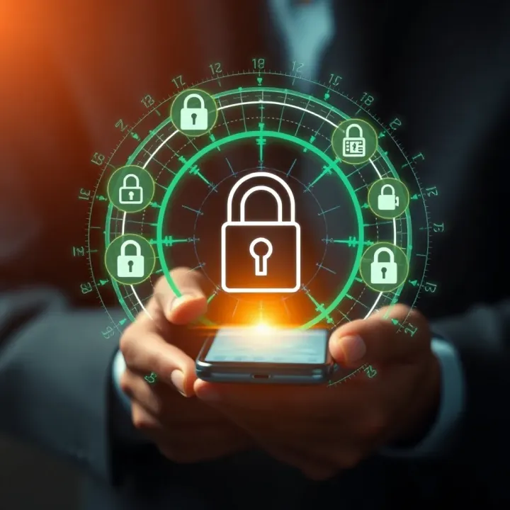Visual representation of secure mobile money transfer with digital encryption icons and smartphone