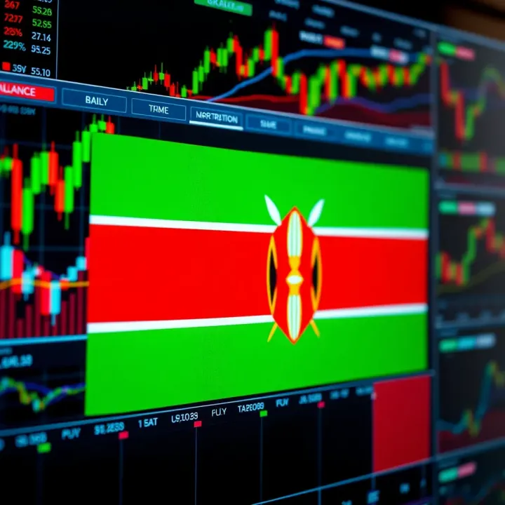 Digital interface showing cryptocurrency charts and Kenya's flag symbolizing local trading platforms