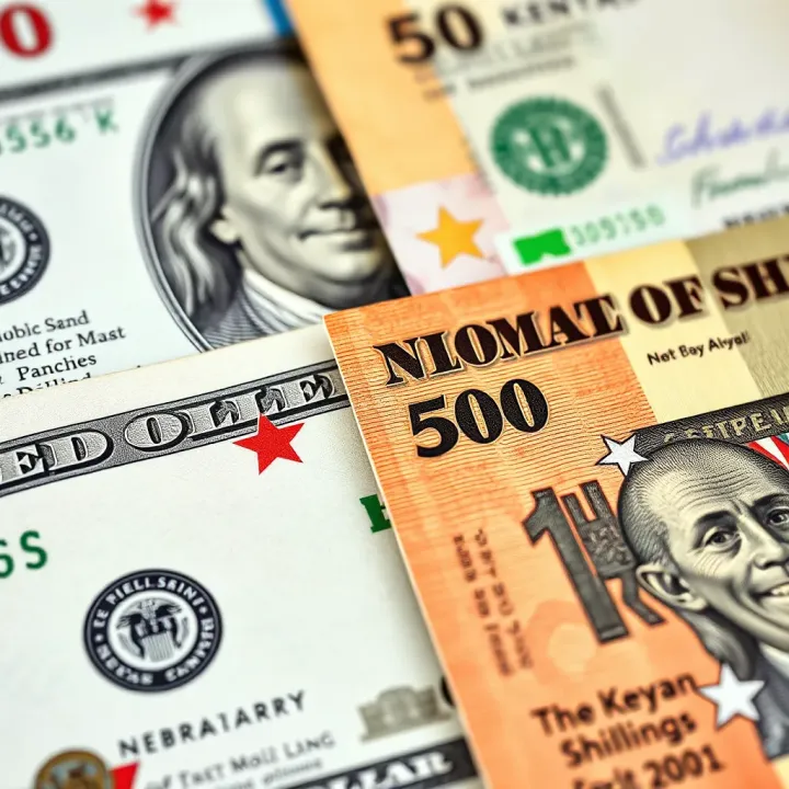 Close-up of Kenyan shilling banknotes and US dollar bills side by side illustrating currency conversion