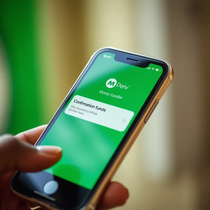 Close-up of smartphone displaying confirmation of a successful money transfer