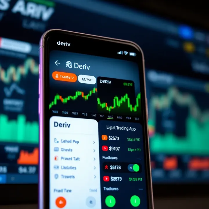 Mobile device displaying the Deriv app interface with trading charts and options