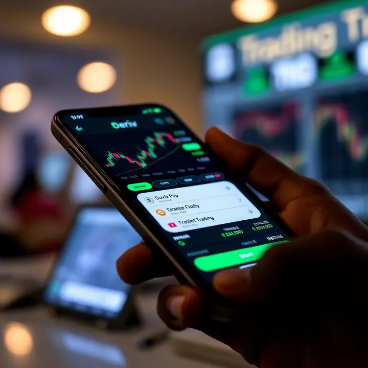 Mobile device displaying the Deriv app interface with trading charts and options