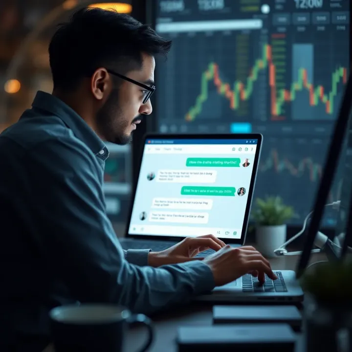 Trader using laptop with live chat support window open for quick problem resolution