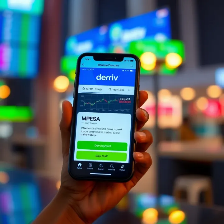 Mobile phone displaying Deriv trading platform with MPESA payment option highlighted
