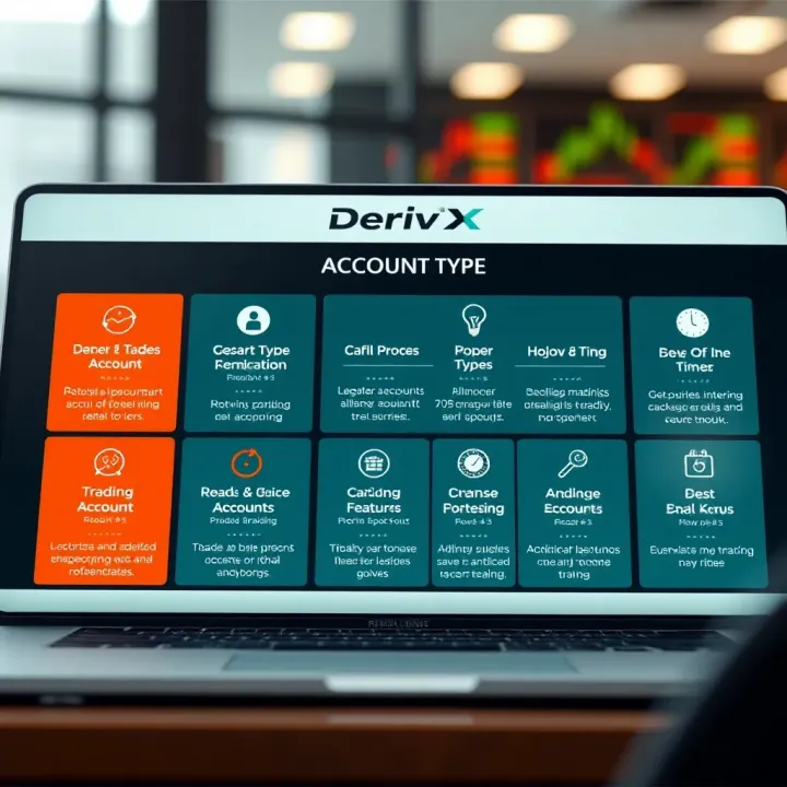 Overview of Deriv X Account Types and Trading Features Illustration of different account types available on Deriv X with icons representing trading options and features