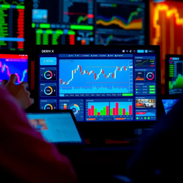 Screenshot showing the Deriv X trading platform dashboard with various market charts and trading tools