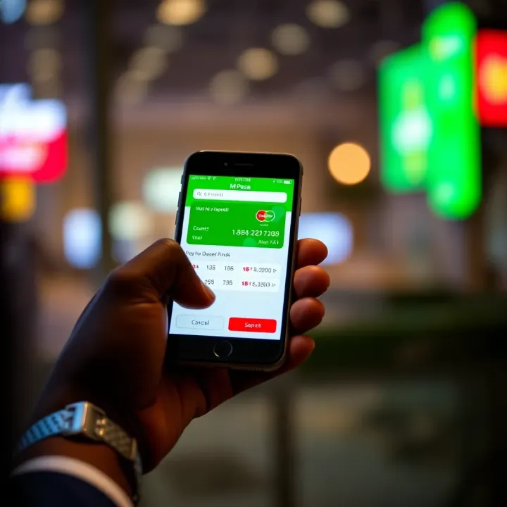 Mobile phone displaying M-Pesa payment app for depositing funds on Exness platform