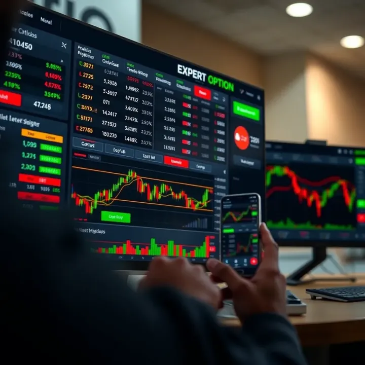 Dashboard displaying various trading options and charts on Expert Option platform