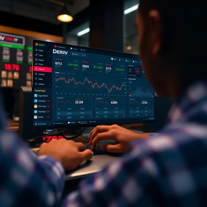 User interface displaying Deriv app trading dashboard with various market options and charts