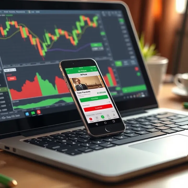 Mobile phone displaying M-Pesa app alongside forex trading charts on a laptop
