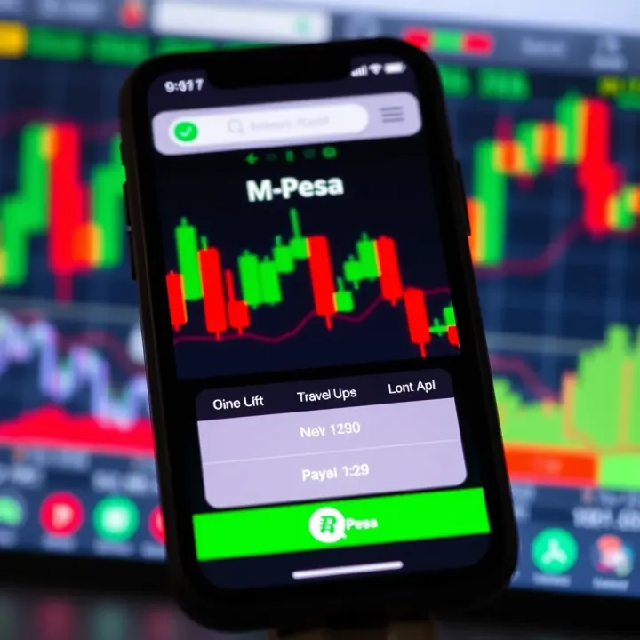 Mobile phone displaying M-Pesa app with forex trading charts in the background