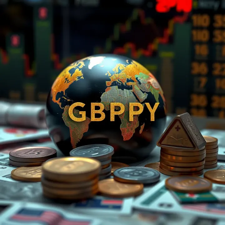 Visual representation of global economic factors influencing GBPJPY exchange rate including currencies and geopolitical elements