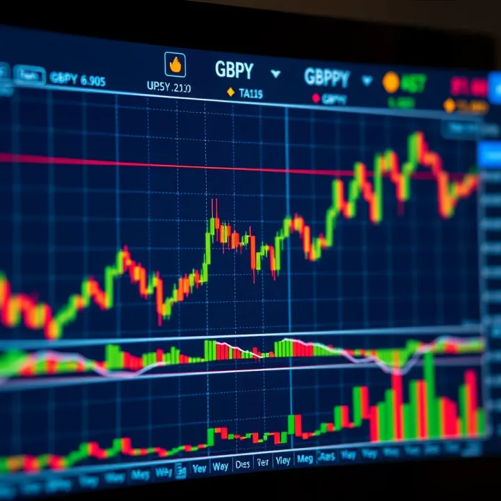 Chart displaying GBPJPY currency pair fluctuations with technical indicators on a digital platform