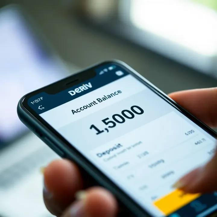 Close-up of a mobile phone displaying Deriv account balance after deposit