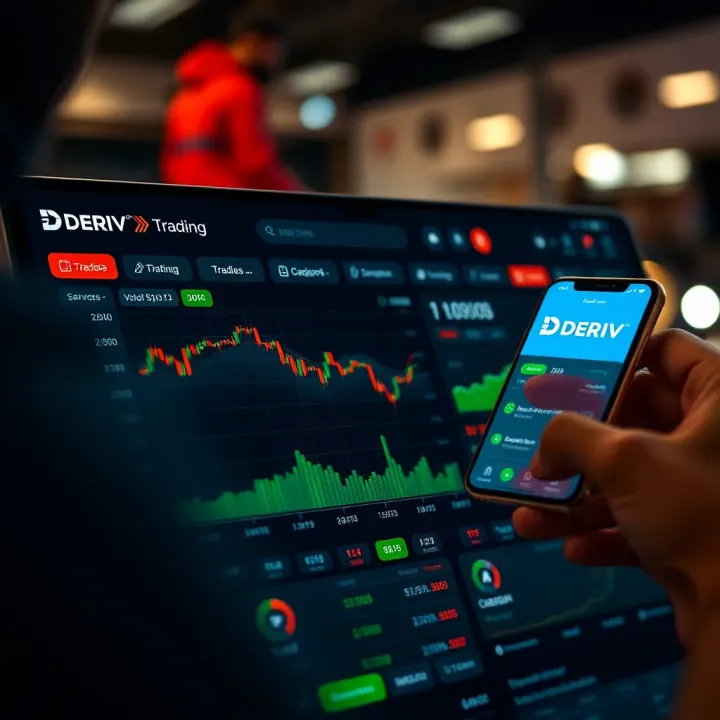 User navigating the Deriv app dashboard with charts and trading options