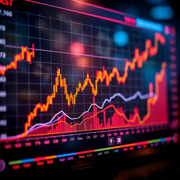 Graph showing the impact of AI trading bots on financial market trends with digital elements