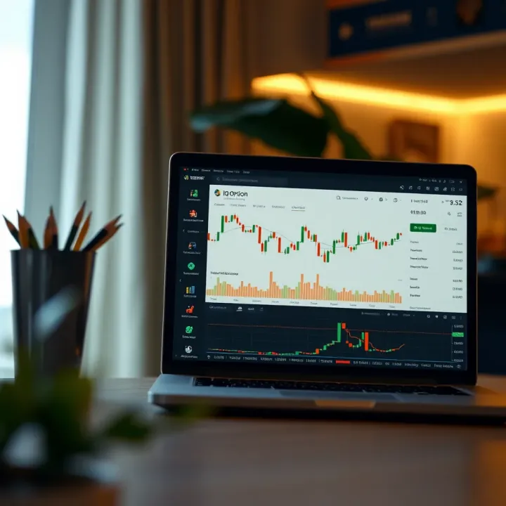 Illustration of a laptop screen showing the IQ Option account dashboard with trading chart and user interface elements