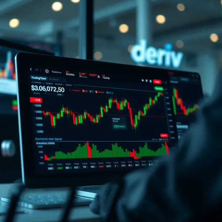 Overview of Deriv TradingView interface with features such as drawing tools, multiple asset charts, and trading signals