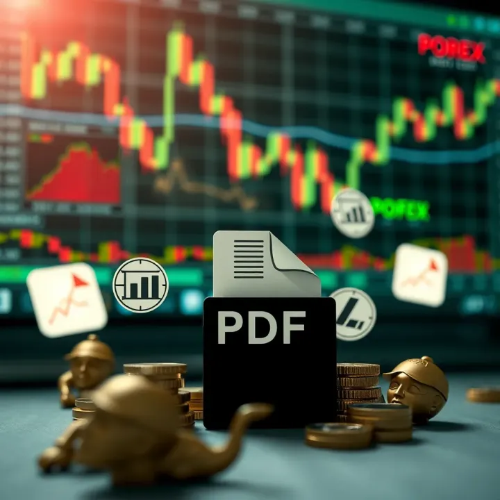 Visual depiction of forex trading strategies including risk management icons and educational PDF elements