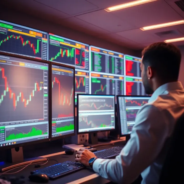 Modern forex trading setup with multiple computer screens displaying currency charts and market data
