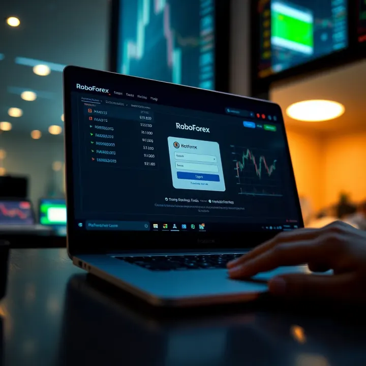 Secure login screen showing RoboForex platform interface on a laptop