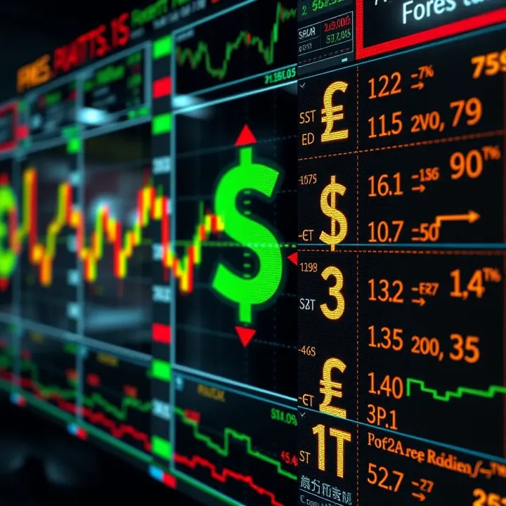 Digital representation of automated forex trading with currency symbols and algorithmic data on a futuristic screen