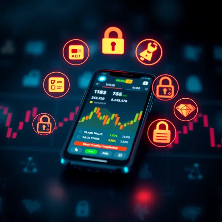 Graphic depicting security elements and regulatory compliance icons surrounding a smartphone with trading app