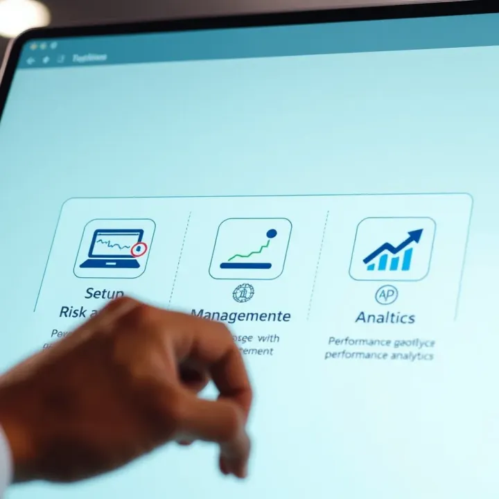 Illustration of key features of Bot Deriv with icons for setup, risk management, and performance analytics